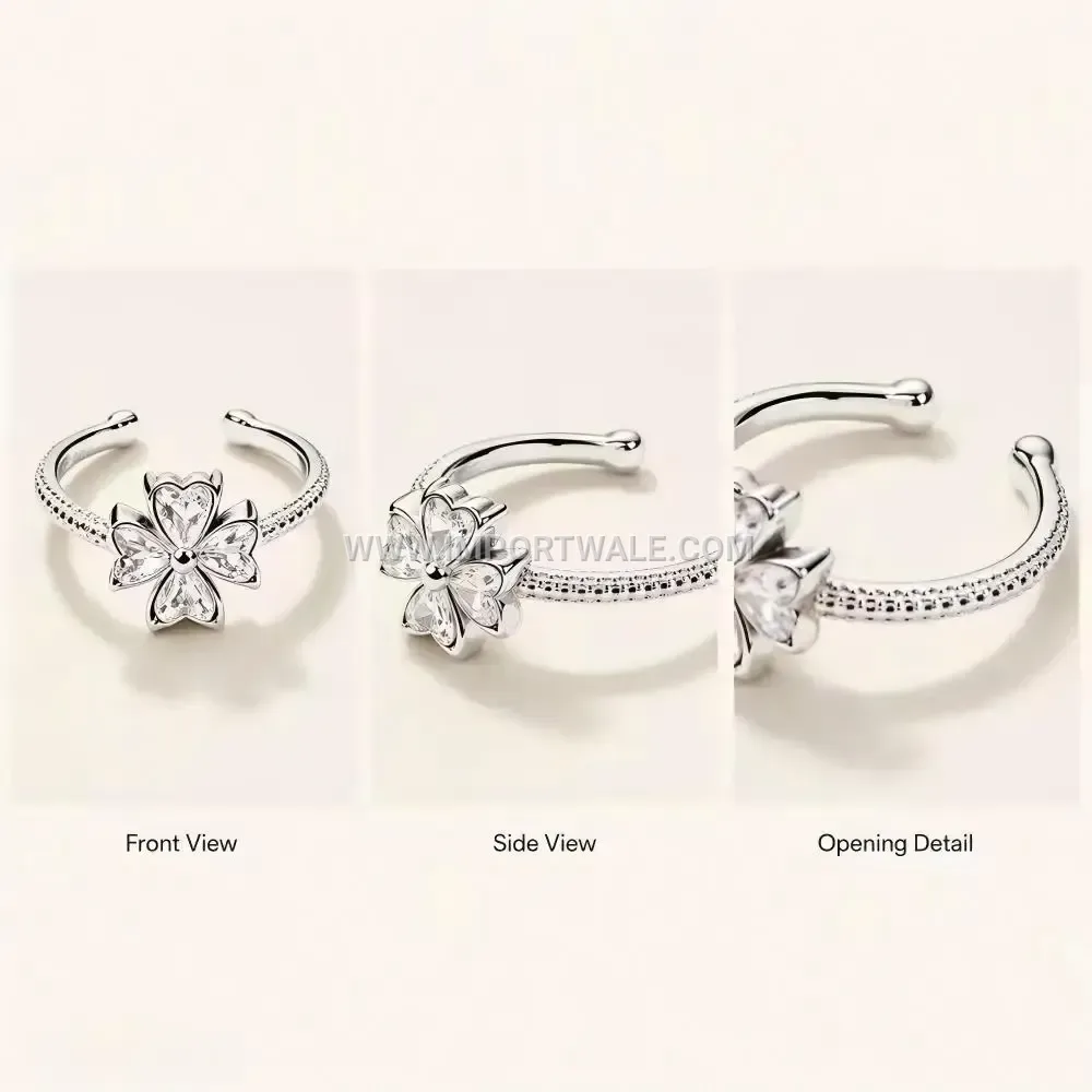 Four Leaf Clover Zircon Open Stainless Steel Ring
