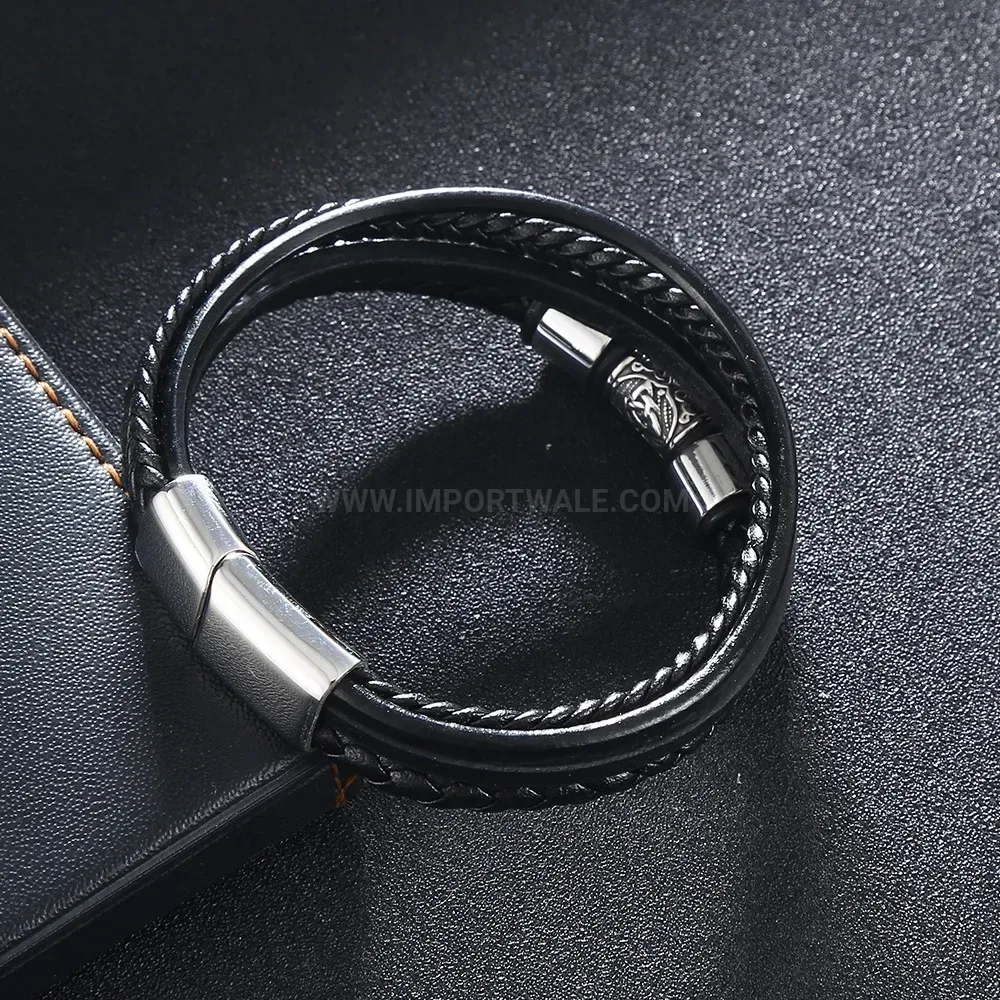 Minimalist Multi-Layer Woven Leather Stainless Steel Magnetic Clasp Bracelet