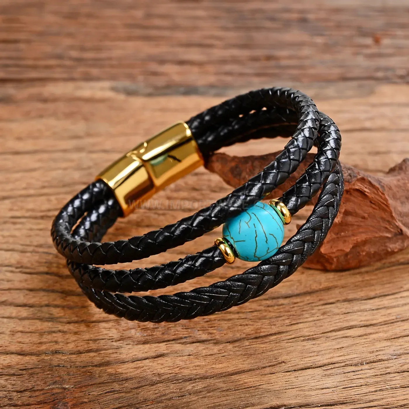 Multi Layer Woven Leather Natural Stone Bracelet Stainless Steel Magnetic Clasp
