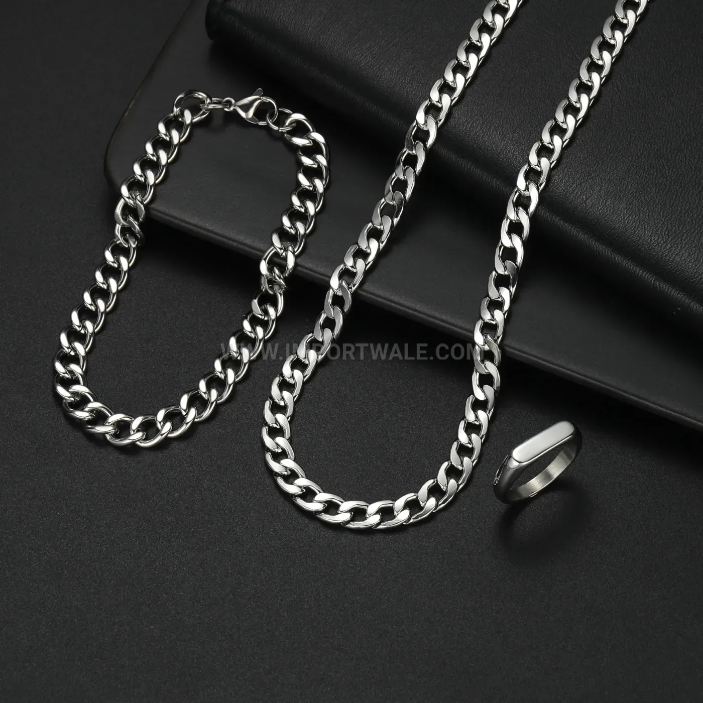 Three-Piece Stainless Steel Hip-Hop Style Chain Jewelry Set