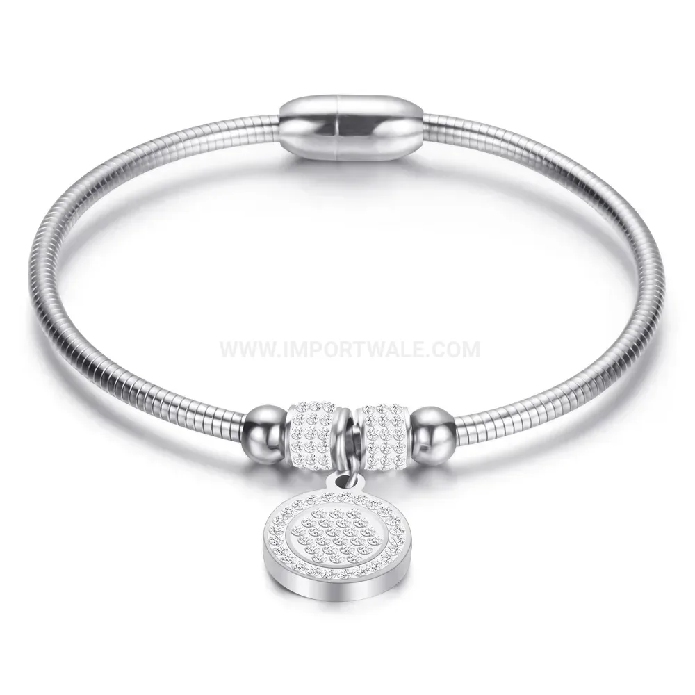 Elegant Crystal Accent Round Motif Magnetic Stainless Steel Snake Chain Bangle