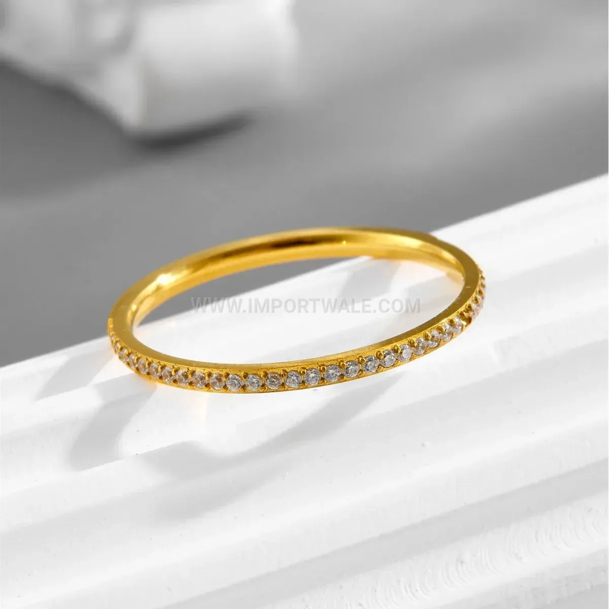 Gold Titanium Steel Half Eternity Rhinestone Pave Band Ring