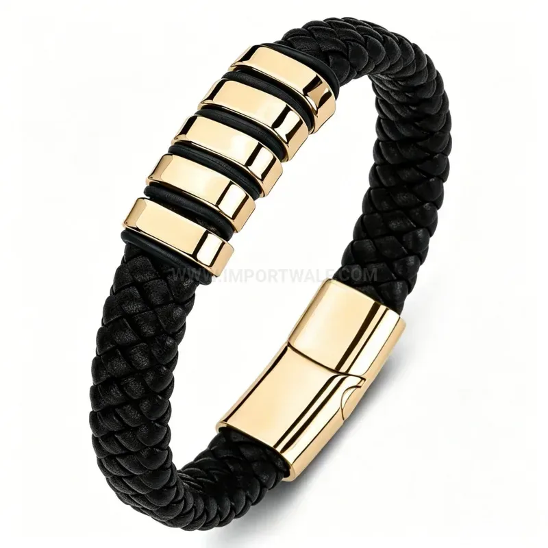 Modern Woven Leather Bracelet with Tri-Color Steel Bead Accents