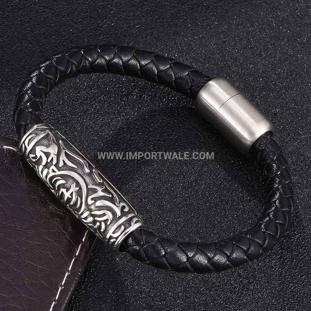 Retro Black Braided Leather Stainless Steel Men's Wristband Bracelet