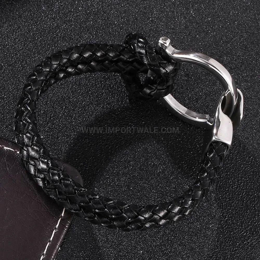 Braided Black Leather Wristband with Stainless Steel Clasp