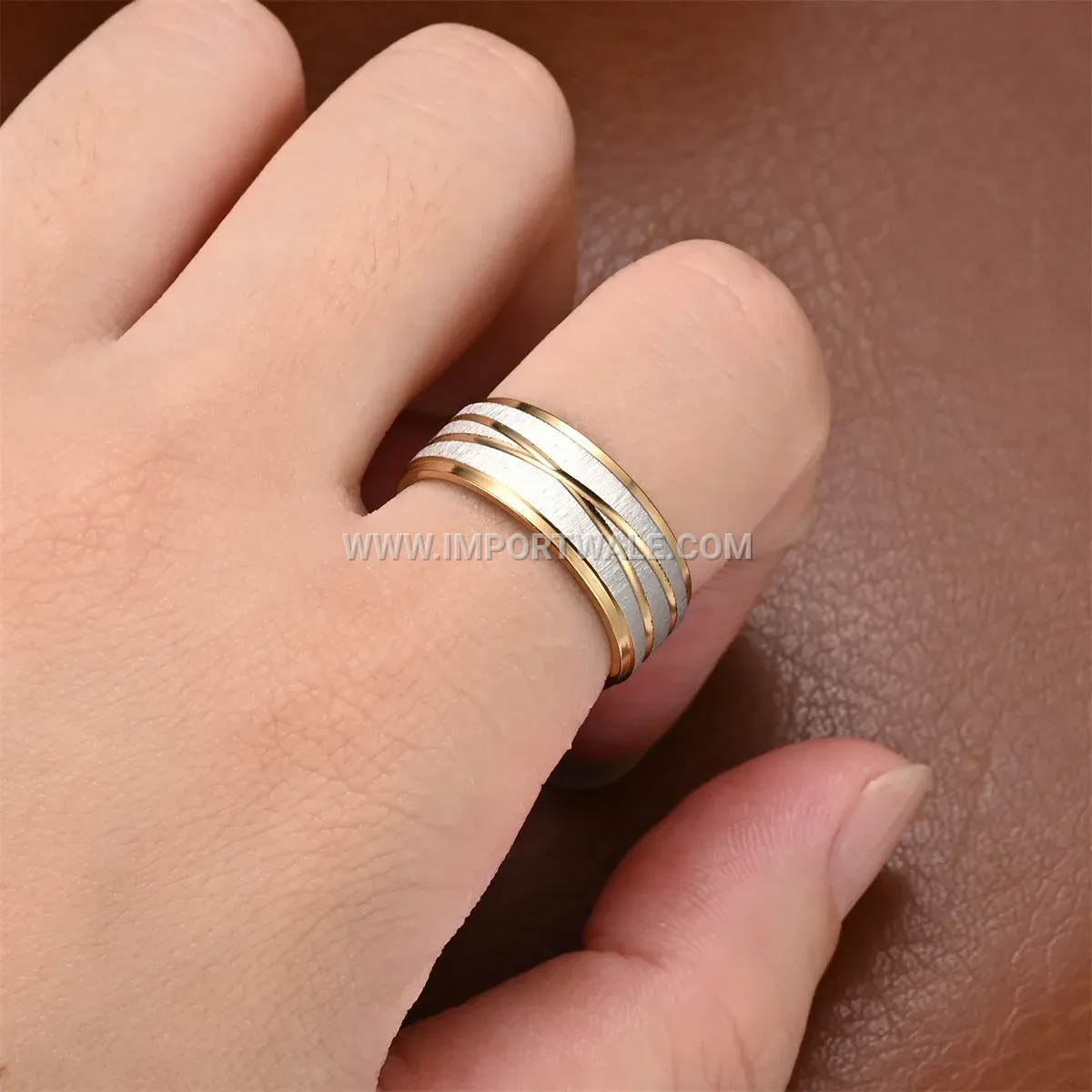 Wide Stainless Steel Ring with Textured Cross Lines