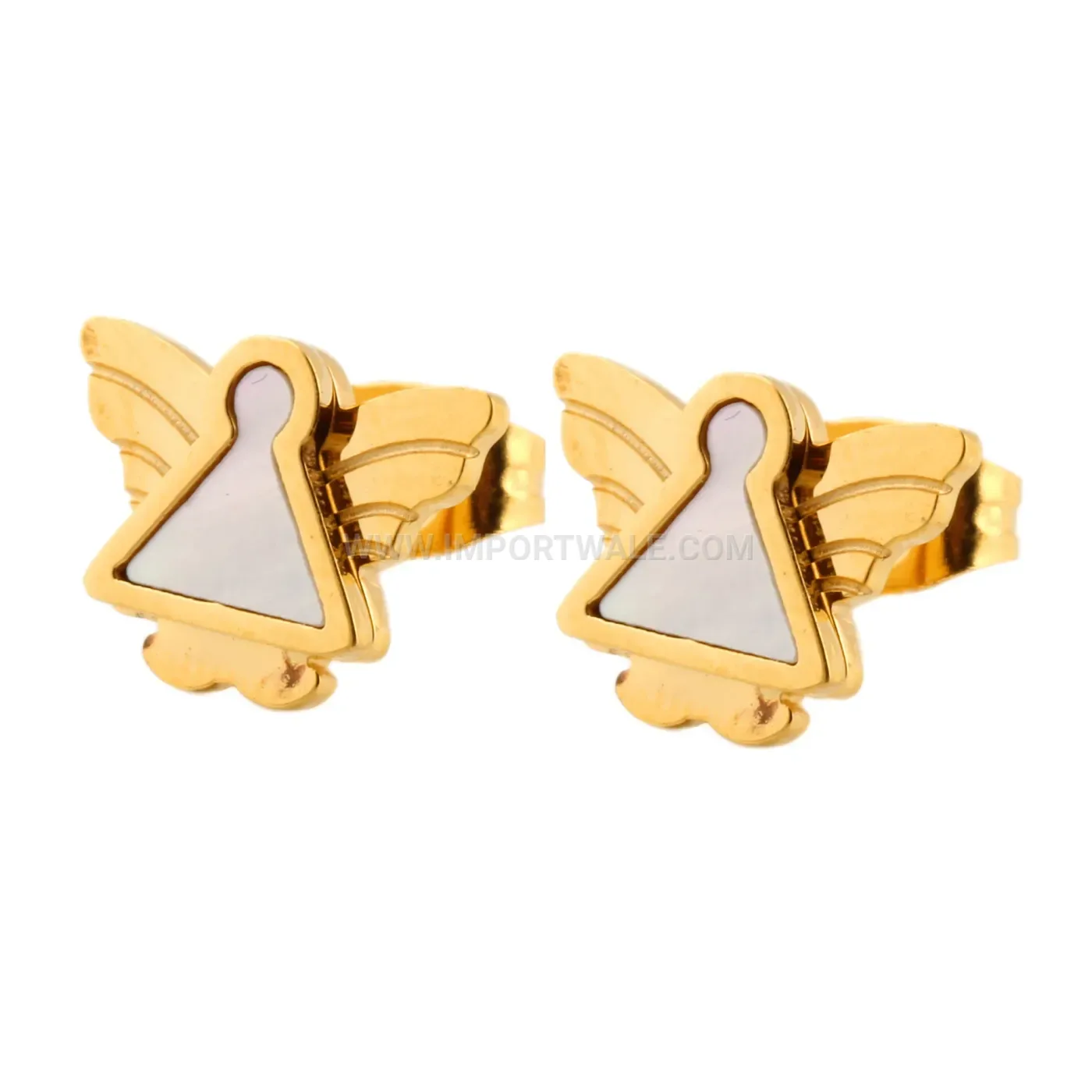 Gold Plated Stainless Steel Angel Stud Earrings with Shell Inlay