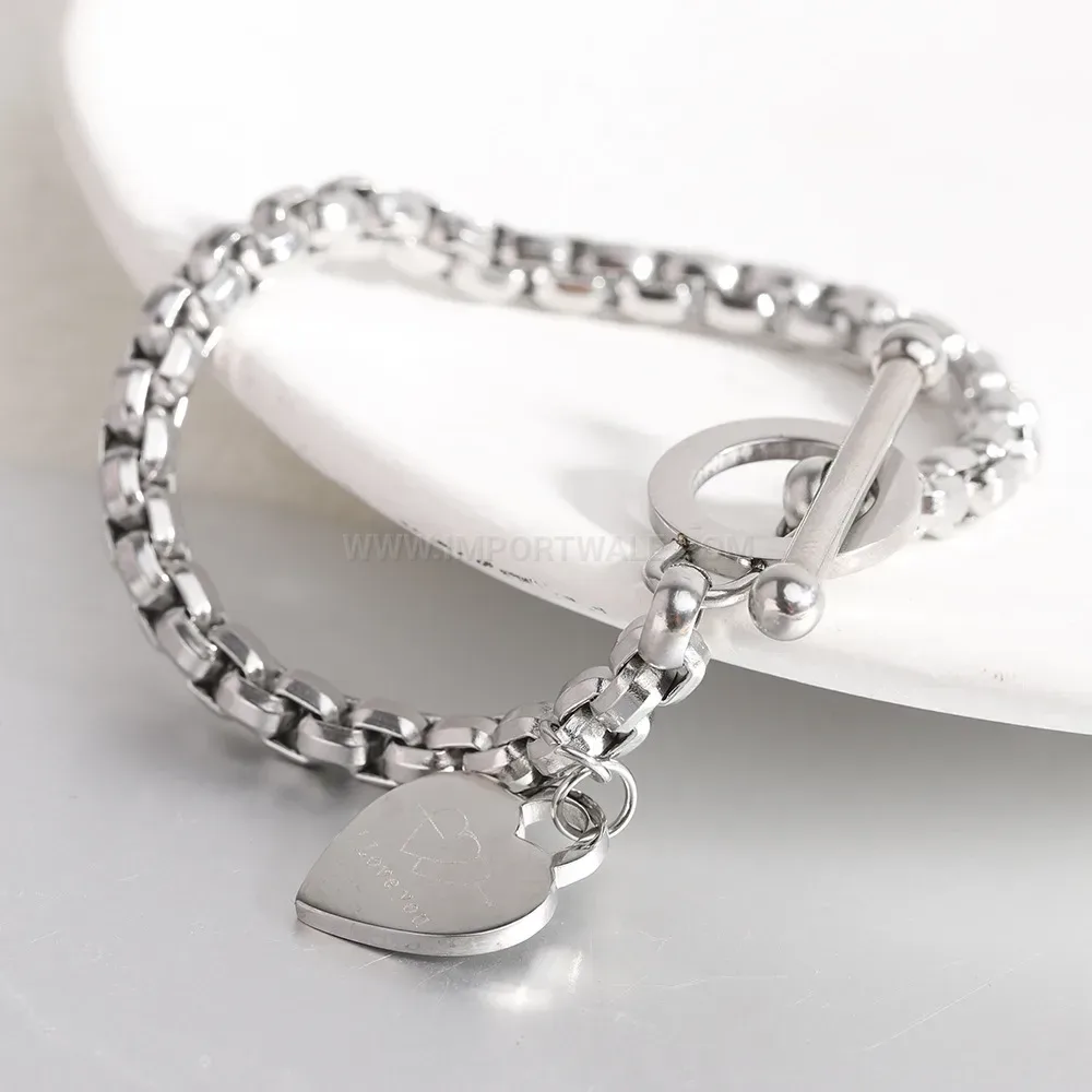 Stainless Steel Pearl Chain Bracelet with Heart OT Toggle Clasp