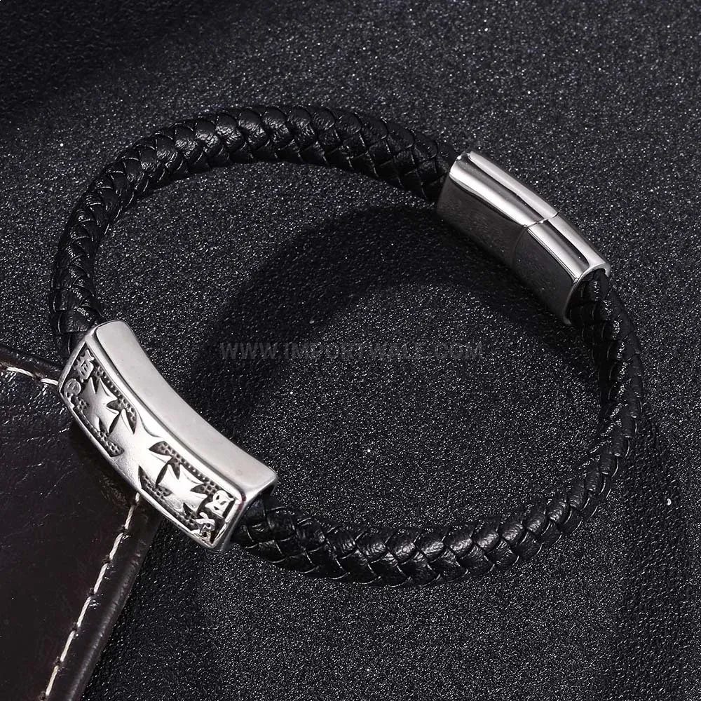 Designer Braided Leather Steel Cross Bracelet