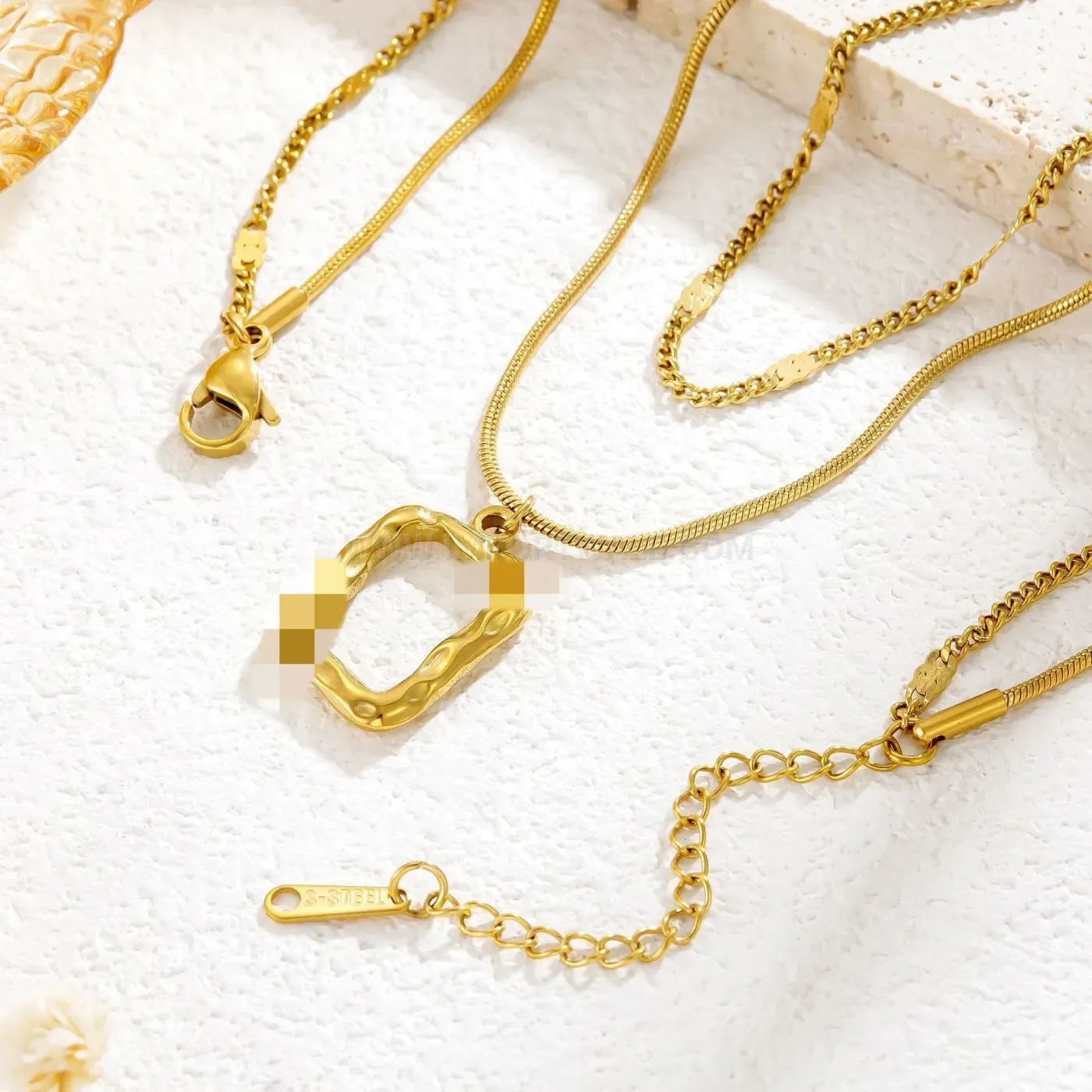 Bold Minimalist Double Strand Stainless Steel Geometric Box Pendant Necklace