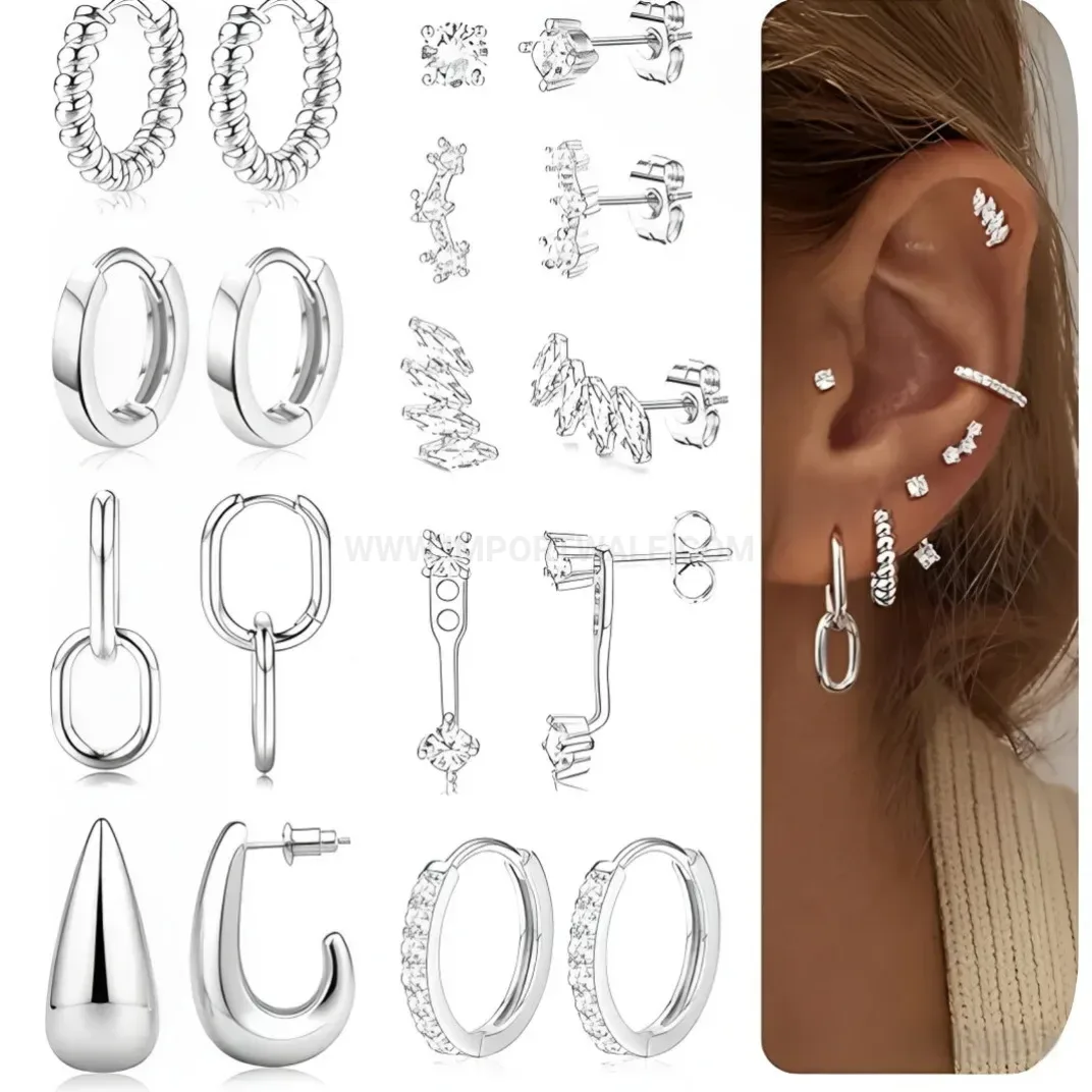 Trendy Geometric Teardrop Zirconia Stainless Steel Piercing Earring Set