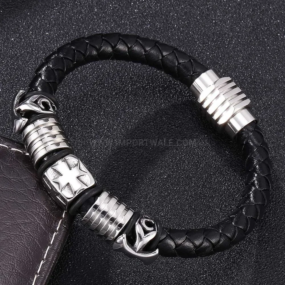Magnetic Stainless Steel Cross Leather Braid Bracelet