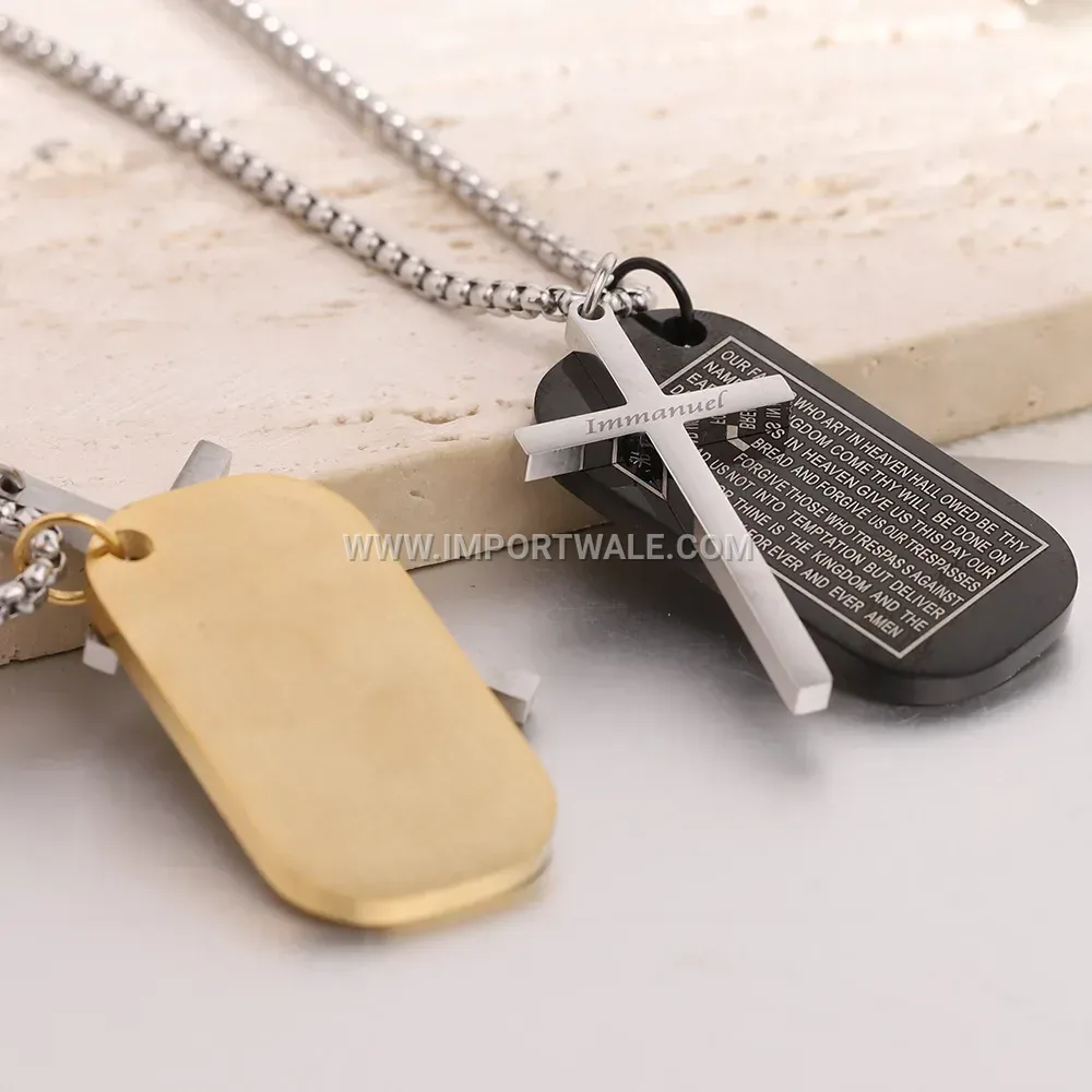 Vintage Stainless Steel Cross Engraved Dog Tag Pendant Necklace