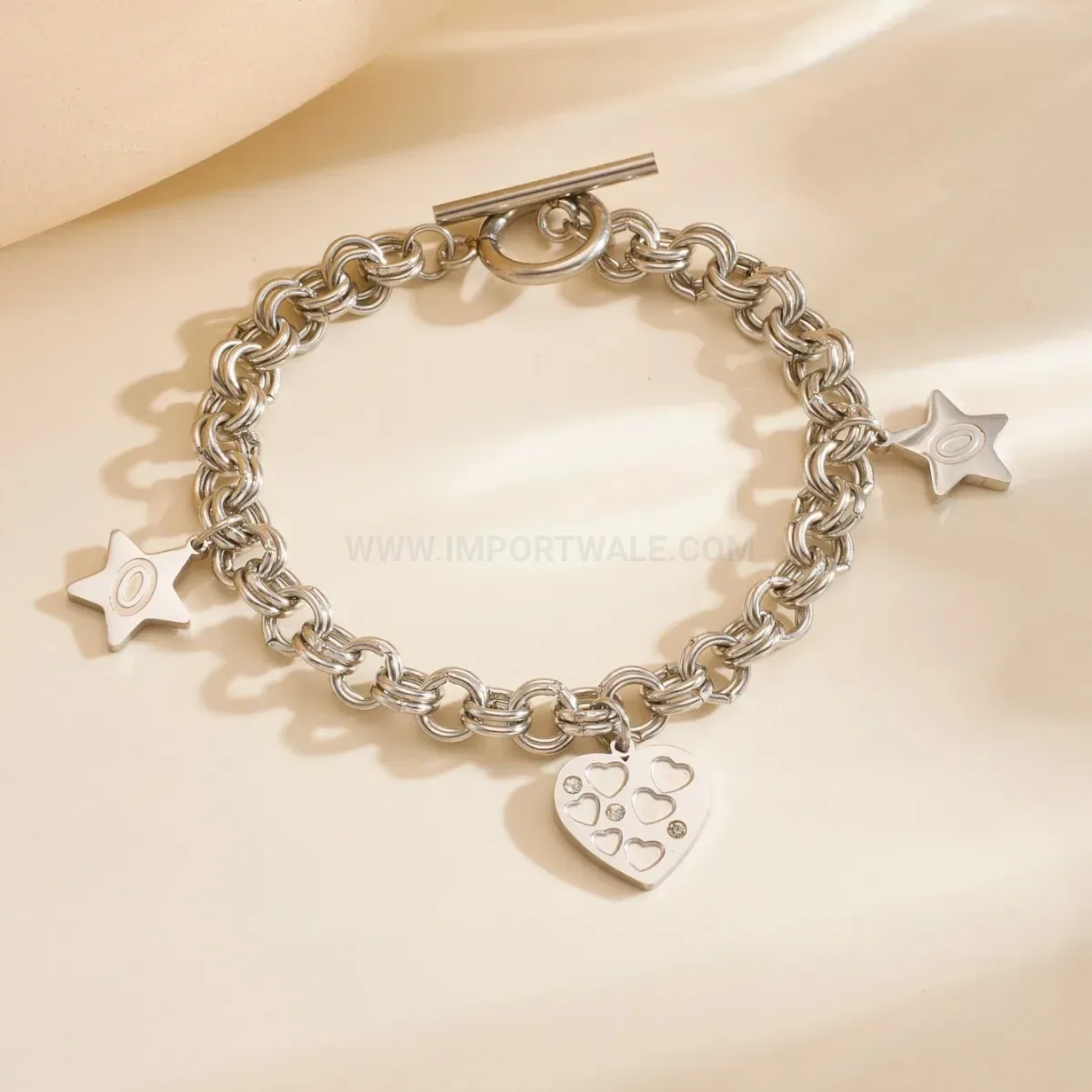 Heart Charm Stainless Steel Chain Link Couple Bracelet