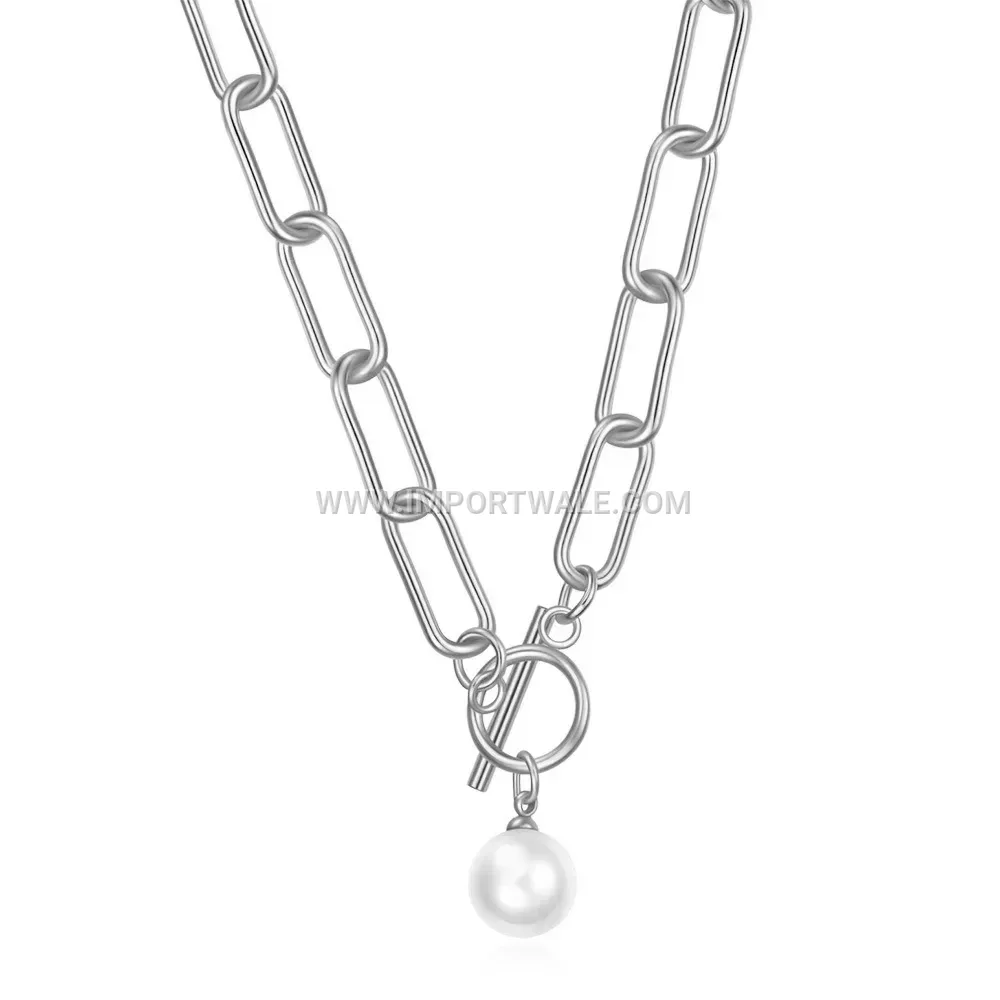 Minimalist Stainless Steel Safety Pin Necklace with Faux Pearl Pendant