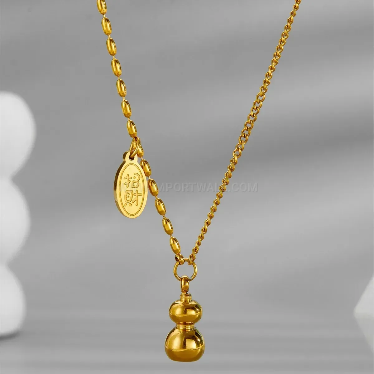 Trendy 18K Gold Vacuum Plated Titanium Steel Fortune Gourd Pendant Necklace