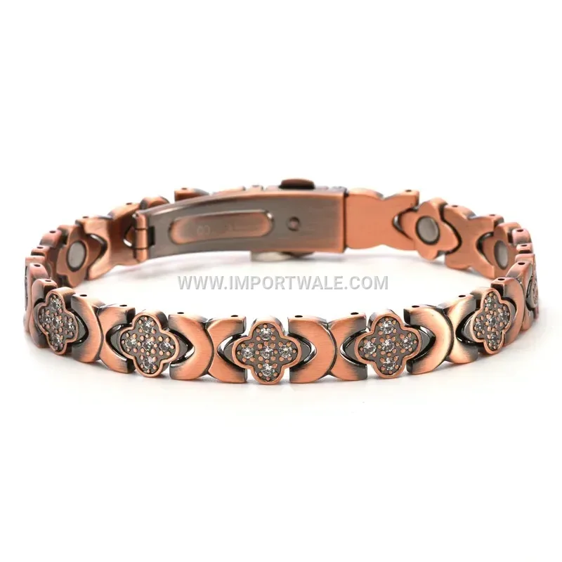Four Leaf Clover Pure Copper Magnetic Bracelet with Rhinestones