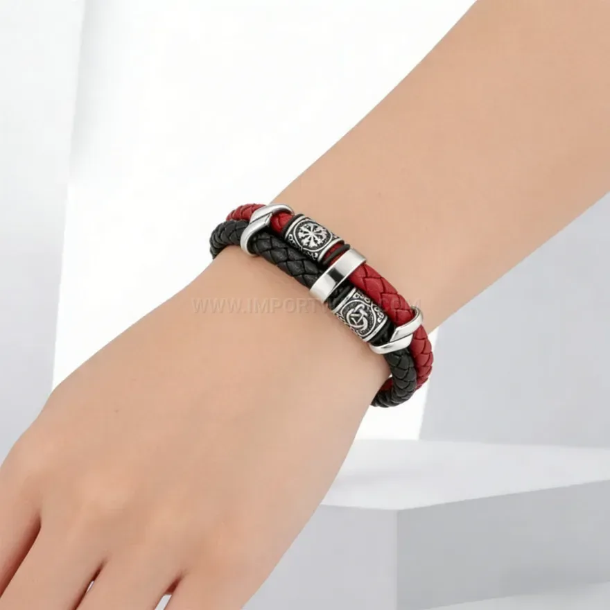 Modern Viking Totem Woven Leather Magnetic Wristband Bracelet