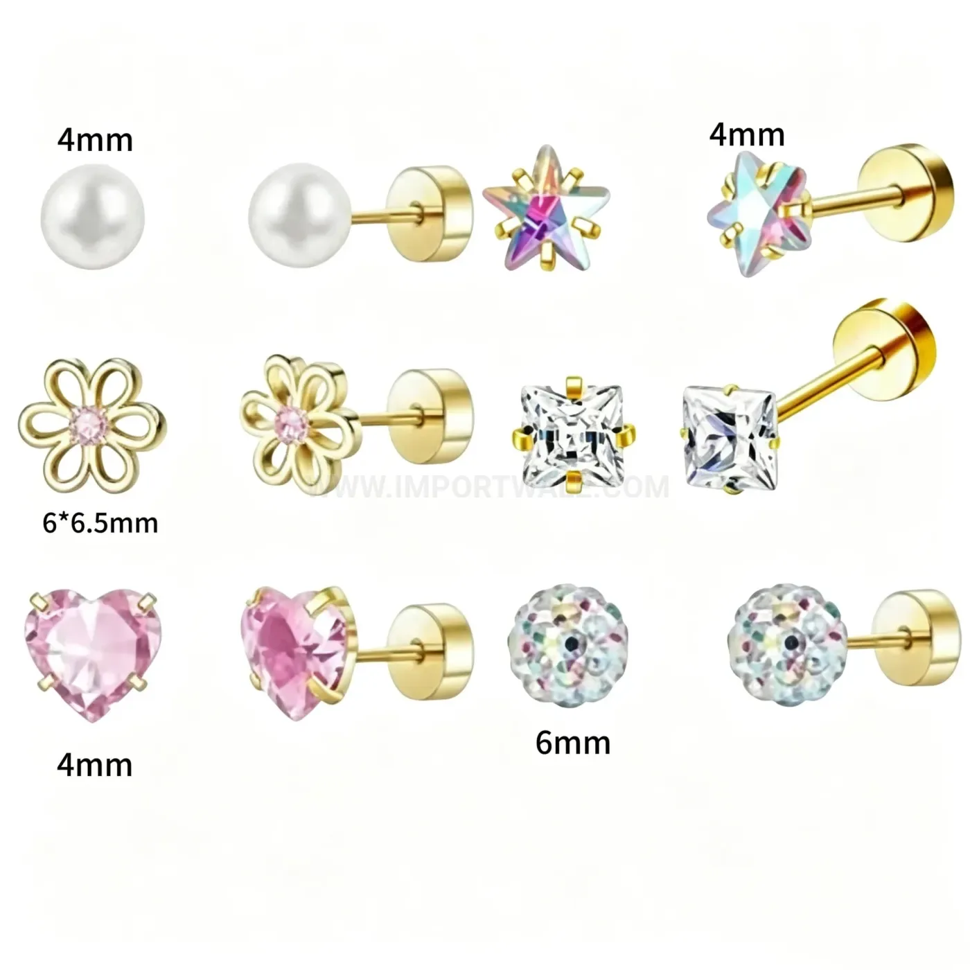 Modern Six-Piece Stainless Steel Pearl Heart Star Flat Back Earring Set