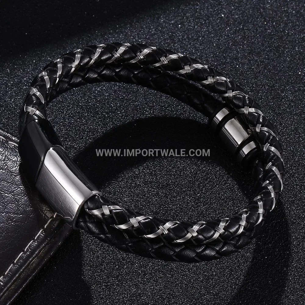 Double-Layer Steel Wire and Vintage Leather Men's Braided Bracelet