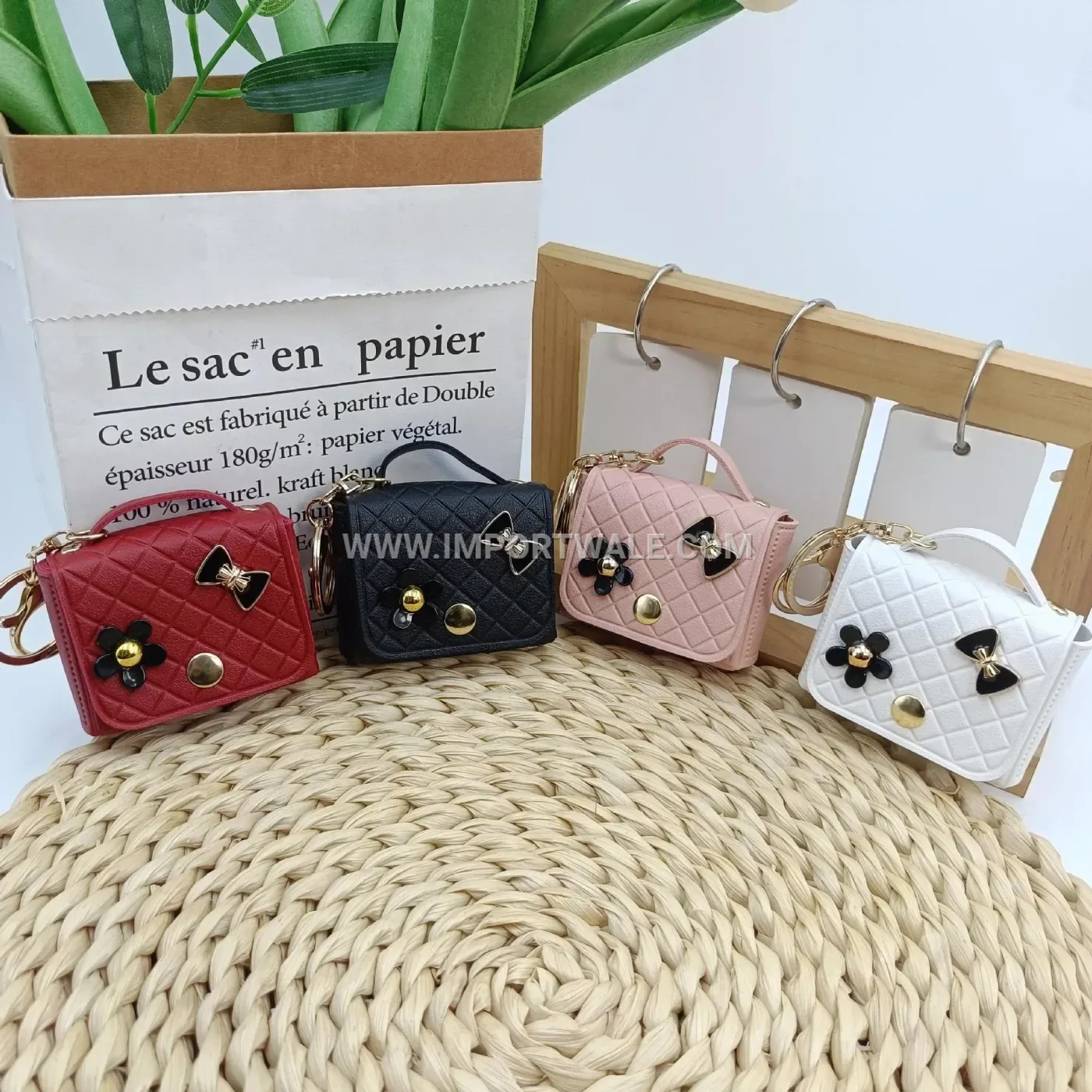 Miniature Quilted Leather Bow Keychain Pouch Charm