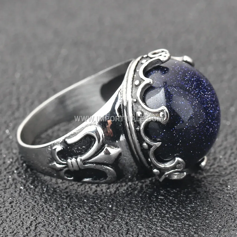 Vintage Titanium Steel Ring with Blue Sandstone Inlay