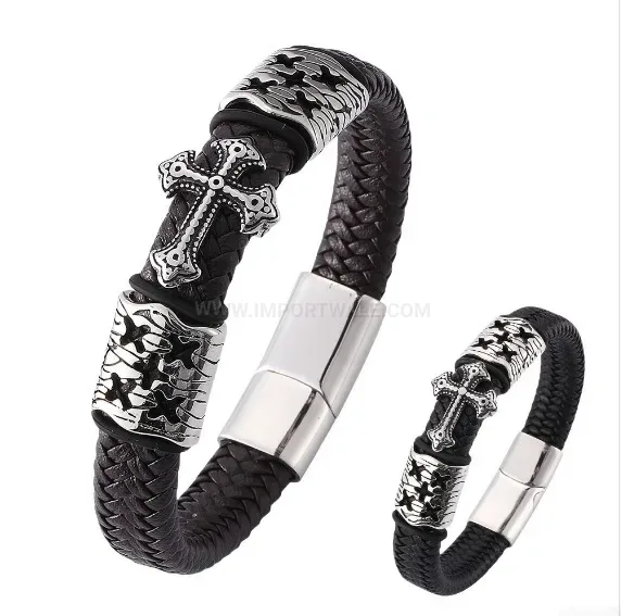 Handcrafted Leather Braided Bracelet with Vintage Stainless Steel Cross Clasp