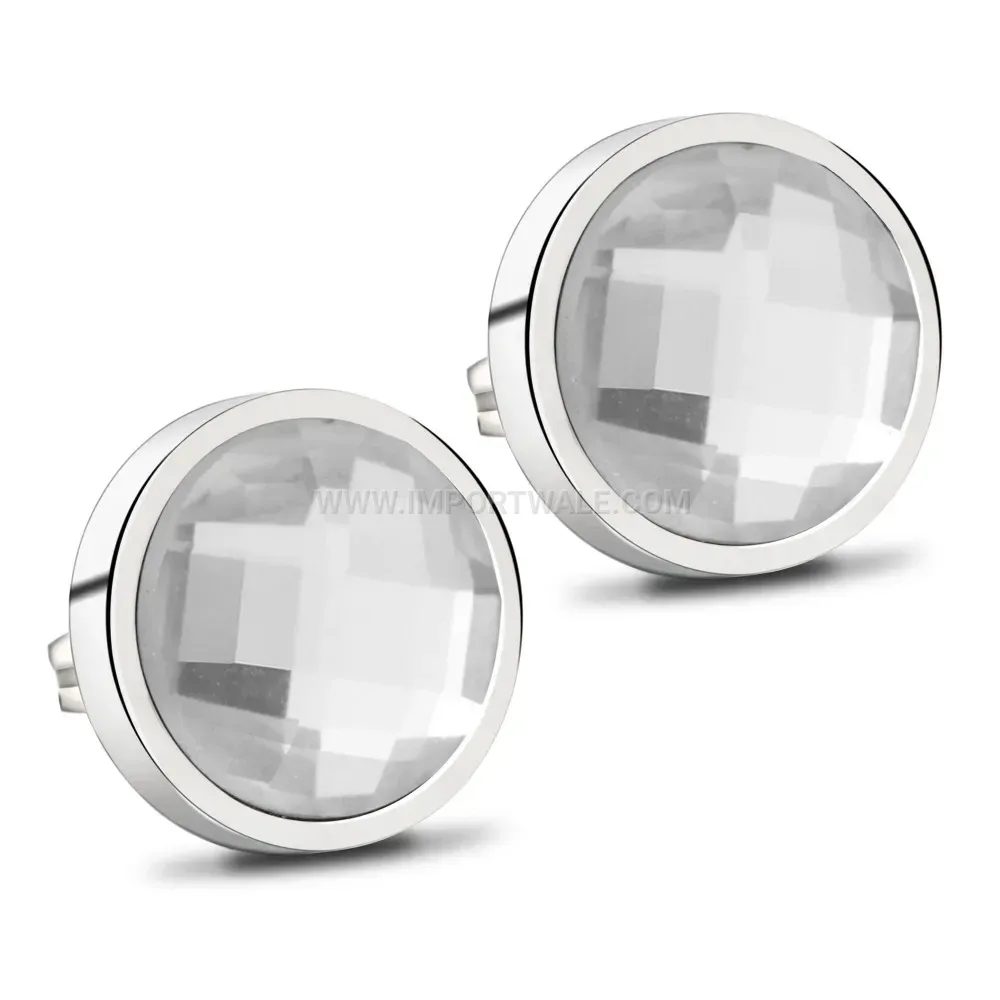 Faceted Round Glass Stainless Steel Stud Earrings