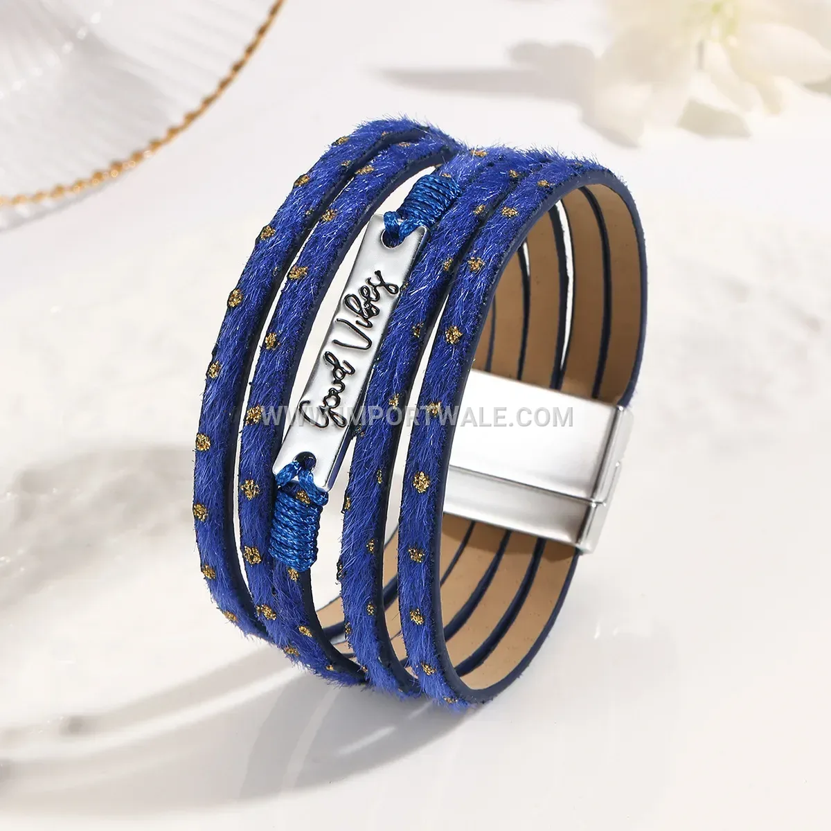 Bohemian Crystal and Feather Accent Wide Leather Cuff Bracelet