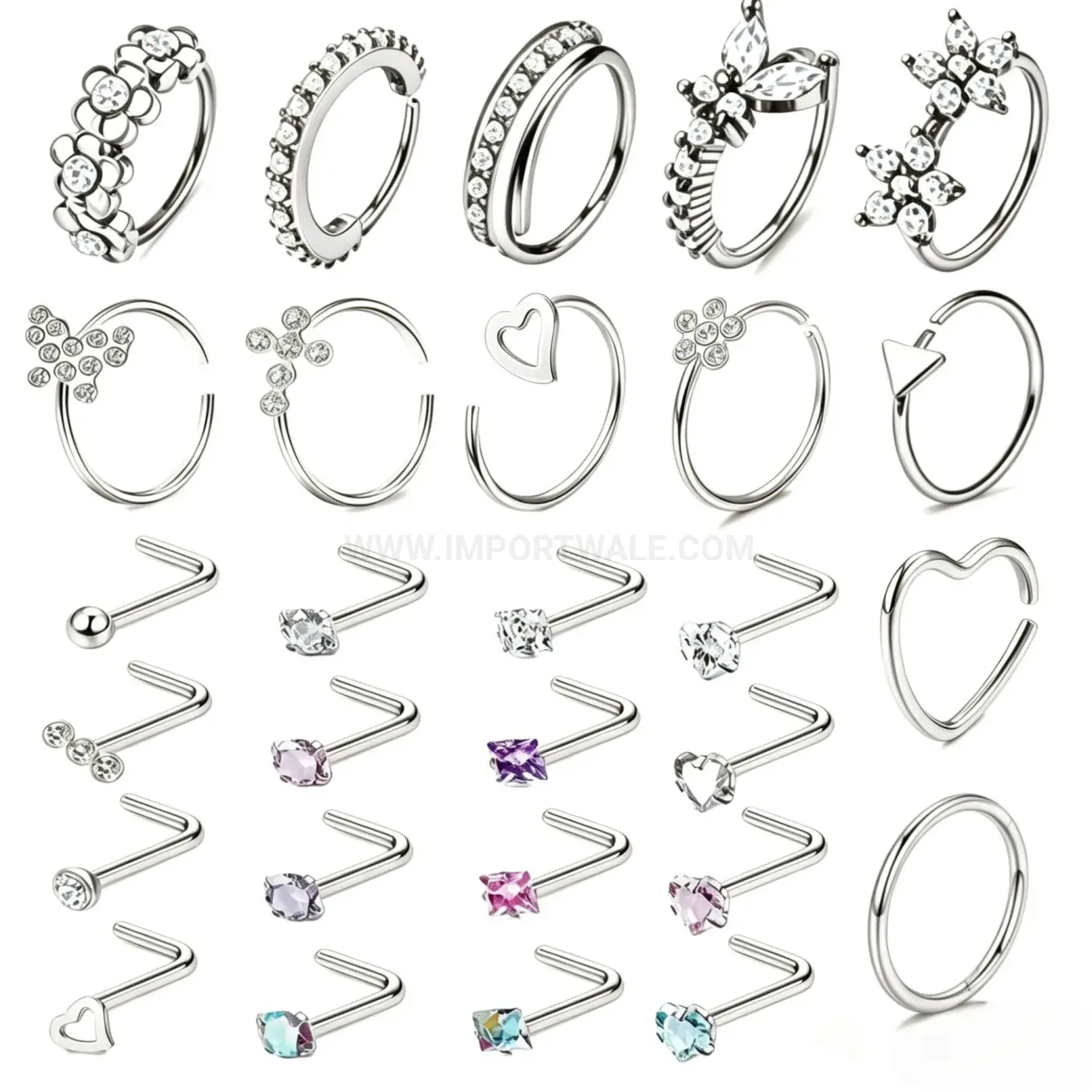 Modern Rhinestone Heart Stainless Steel Nose Ring Piercing Set