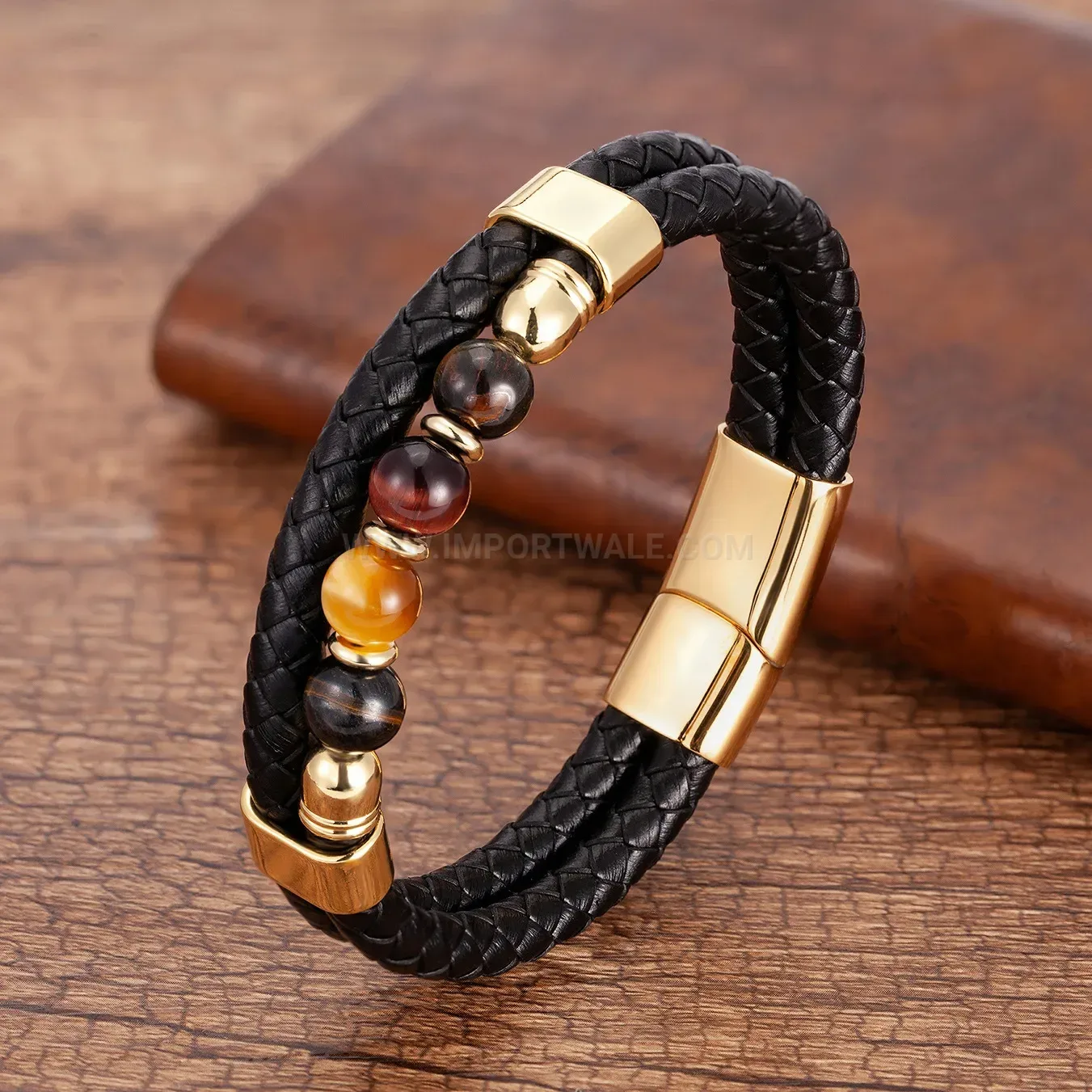 Double Strand Woven Leather and Stone Stainless Steel Bracelet