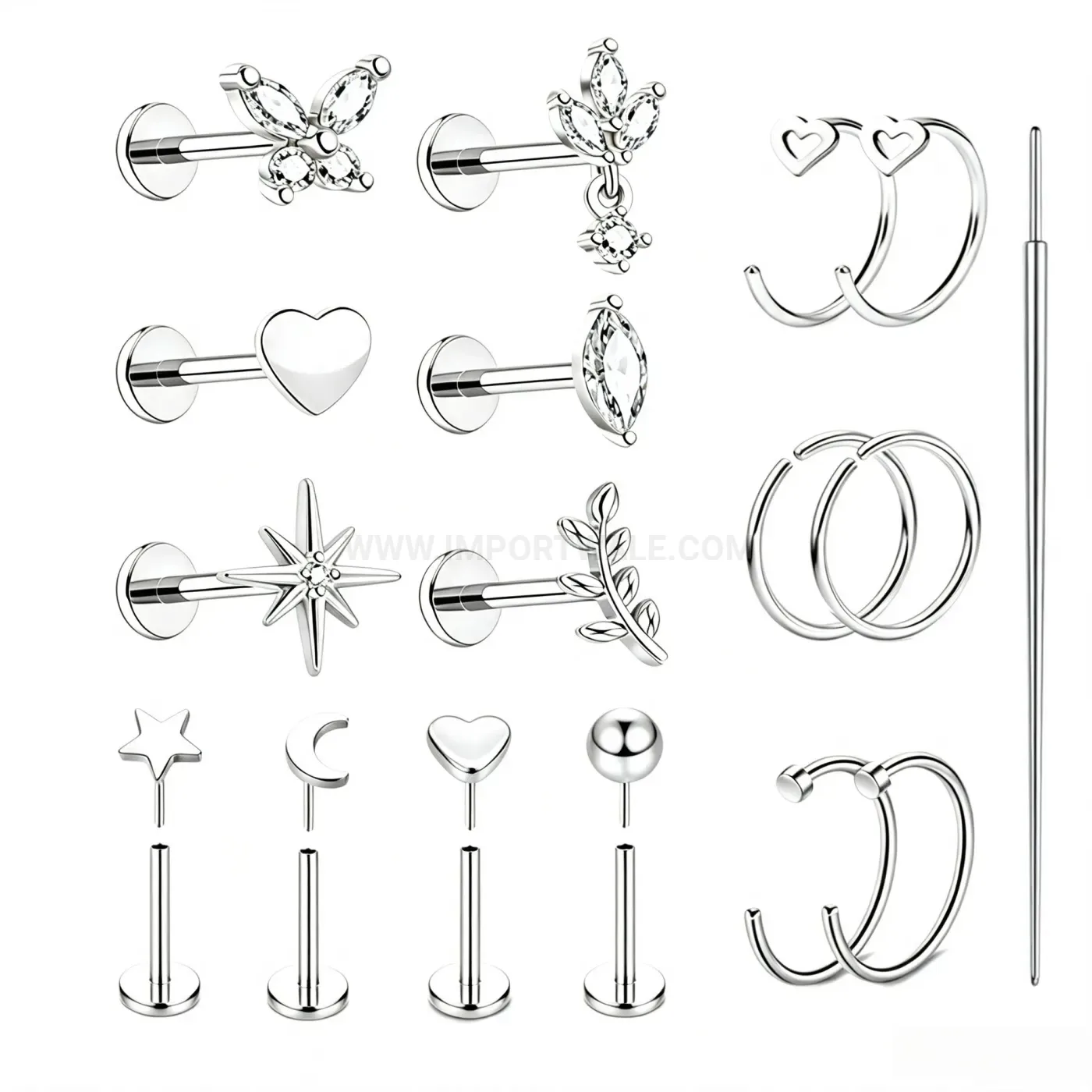 Modern Stainless Steel Minimalist Multi-Shape Nose Ring Piercing Set