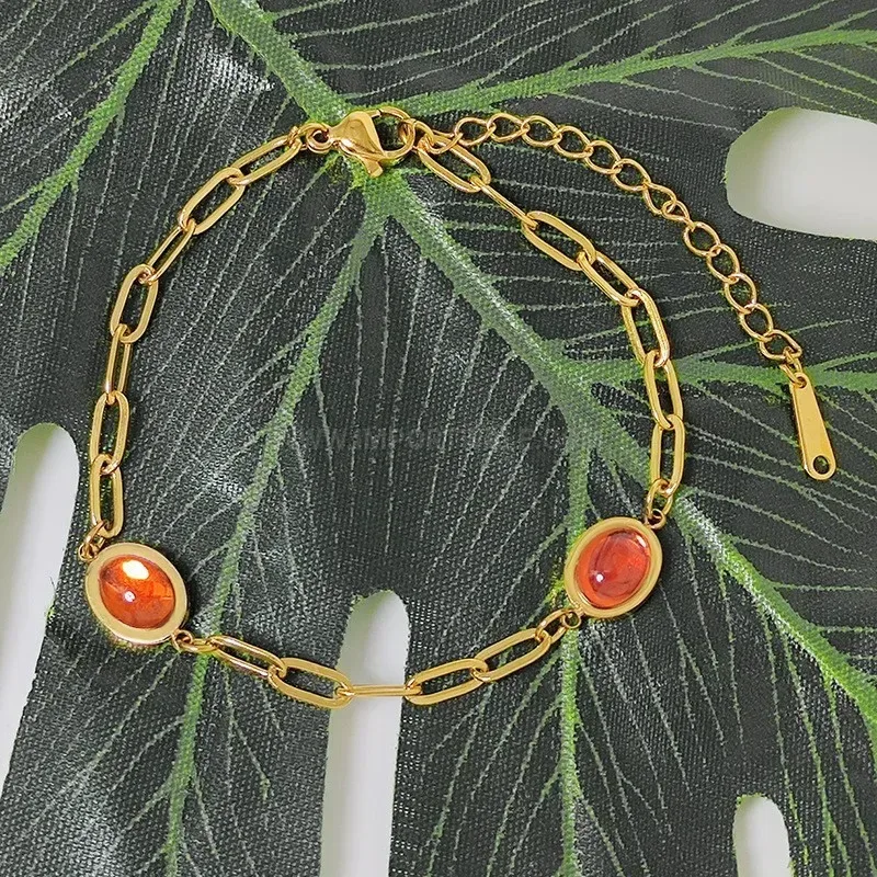 Gold Amber Crystal Leaf Charm Stainless Steel Bracelet