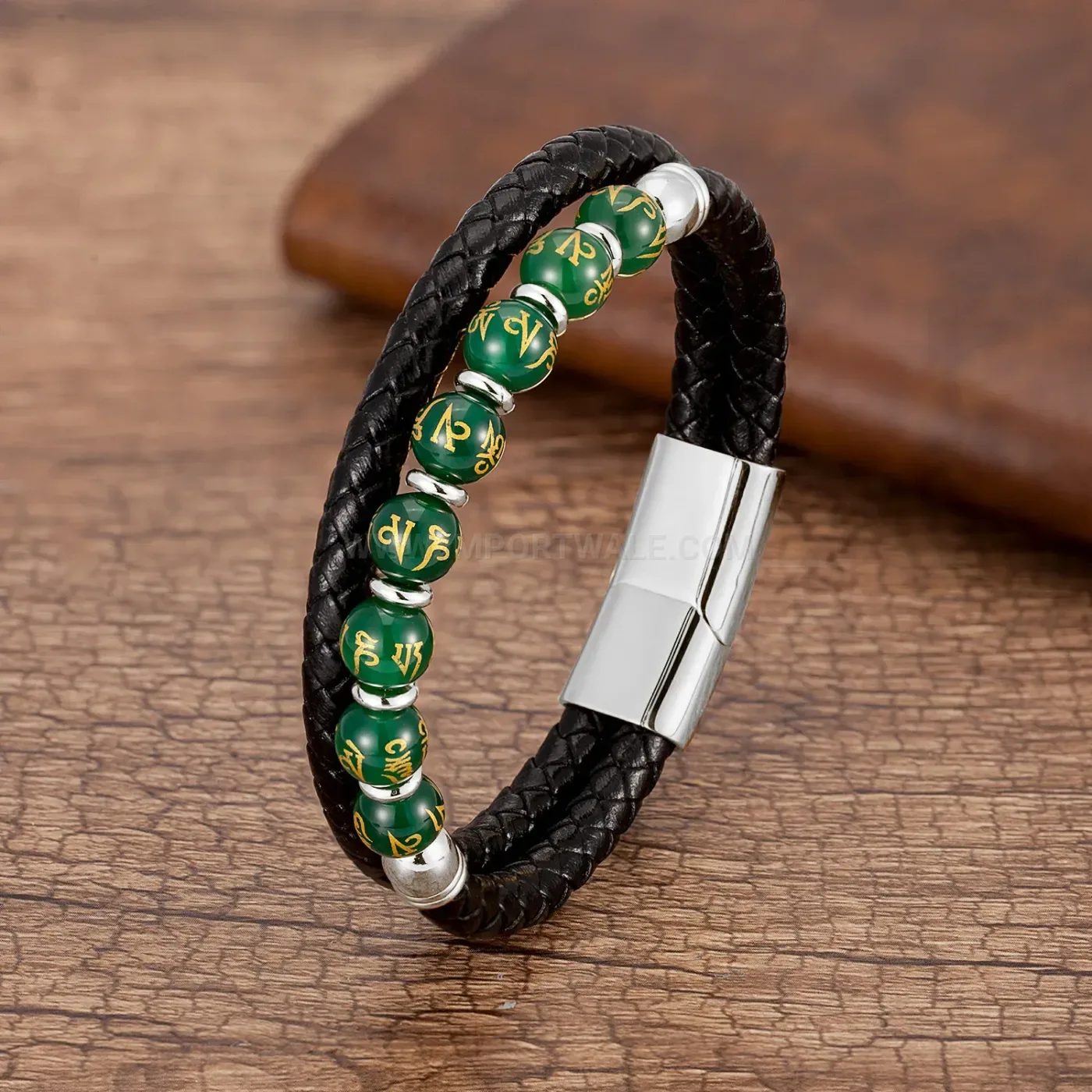 Vintage Beaded Leather Bracelet with Stainless Steel Magnetic Clasp