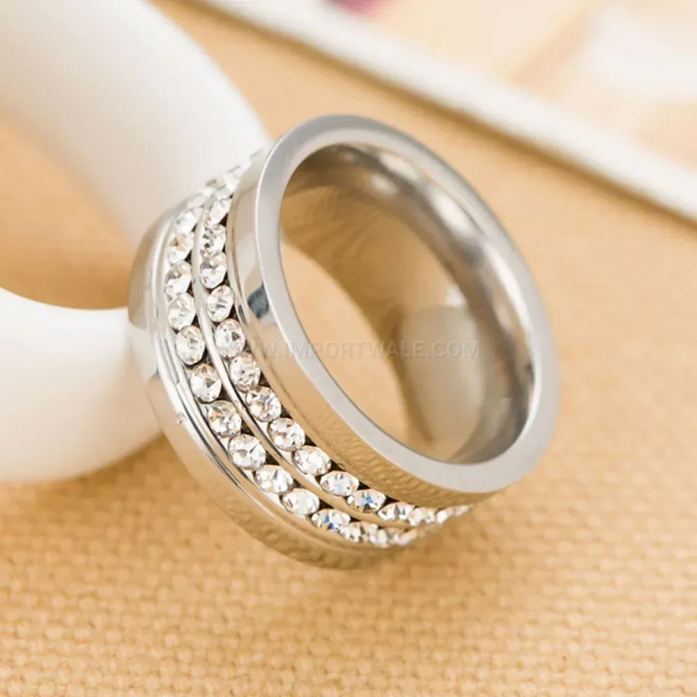 Double Row Crystal Accent Stainless Steel Ring