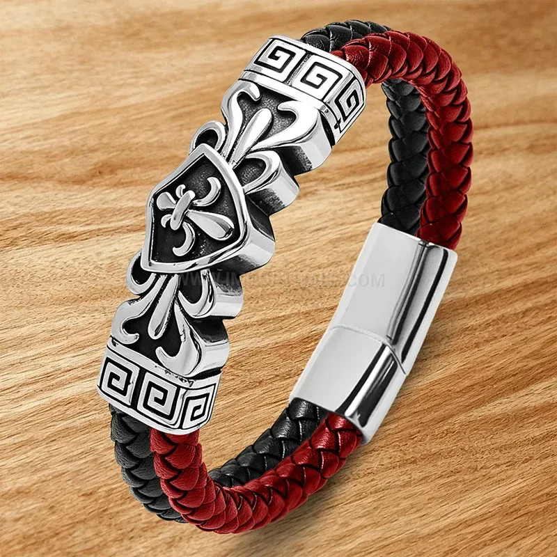 Modern Engraved Stainless Steel Dual-Tone Leather Men's Bracelet