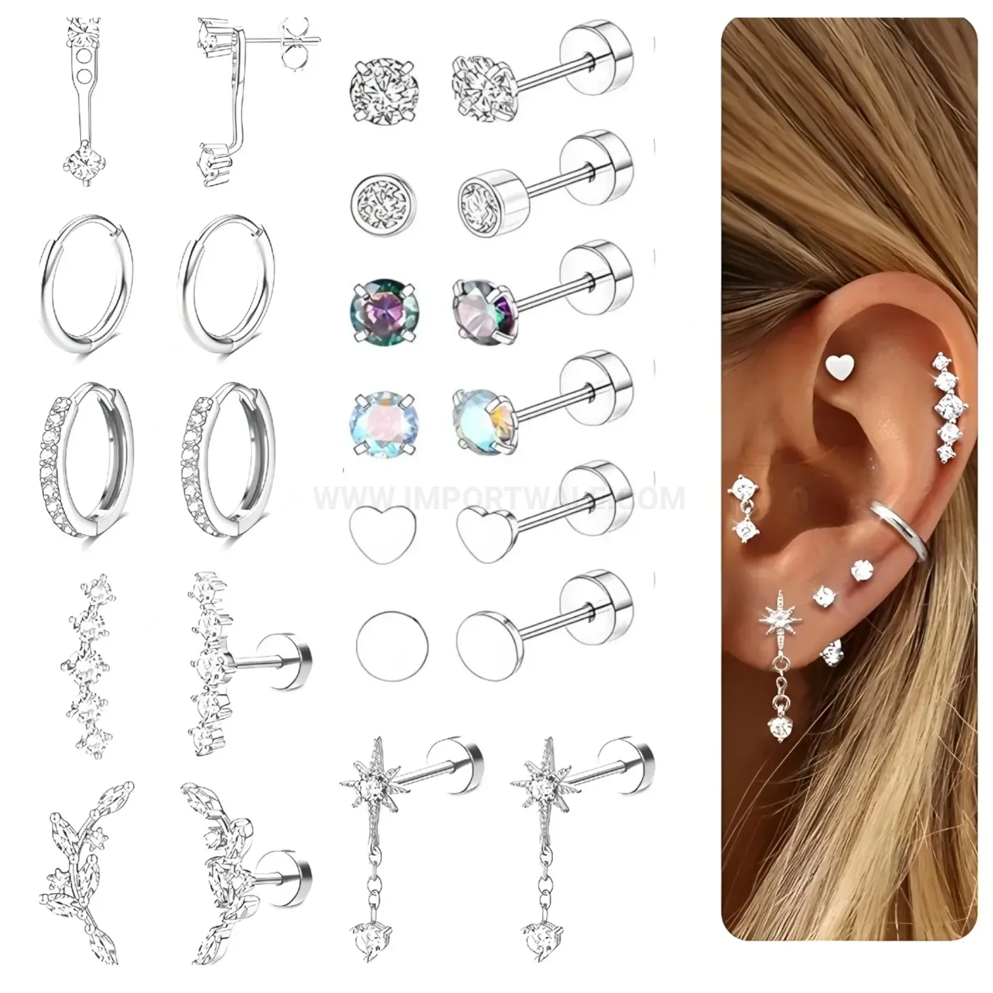 Designer Geometric Stainless Steel Stacking Hoop and Cartilage Piercing Set