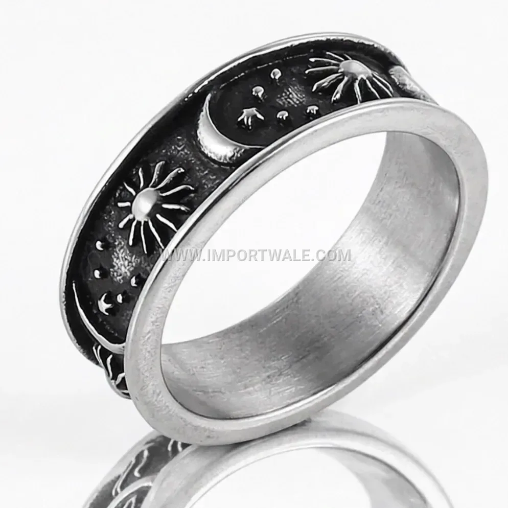 Bohemian Stainless Steel Sun Moon Star Band Ring