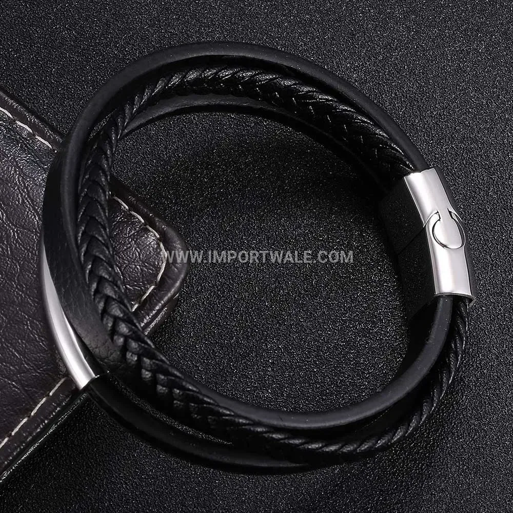 Multi Cord Black Leather Stainless Steel Statement Bracelet for Men