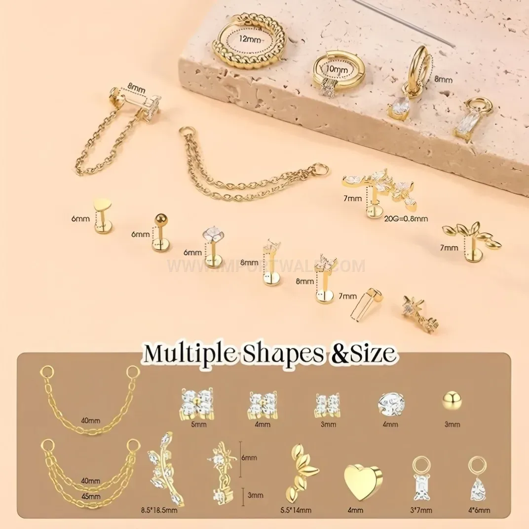 Chic Stainless Steel Floral Chain Piercing Ear Cartilage Stud Set