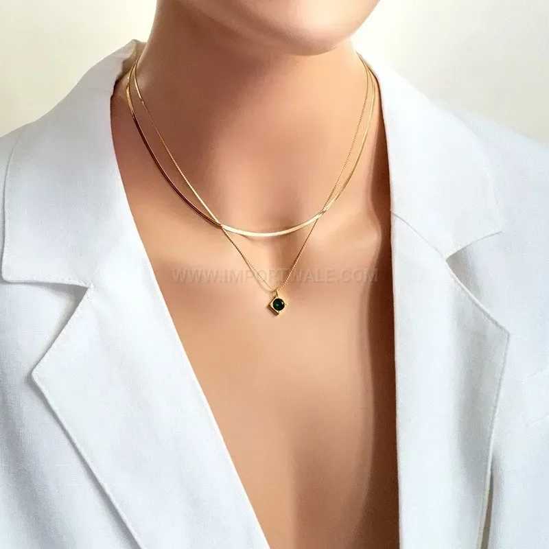 Double Layer Titanium Steel Chain Necklace with Green Square Crystal Pendant