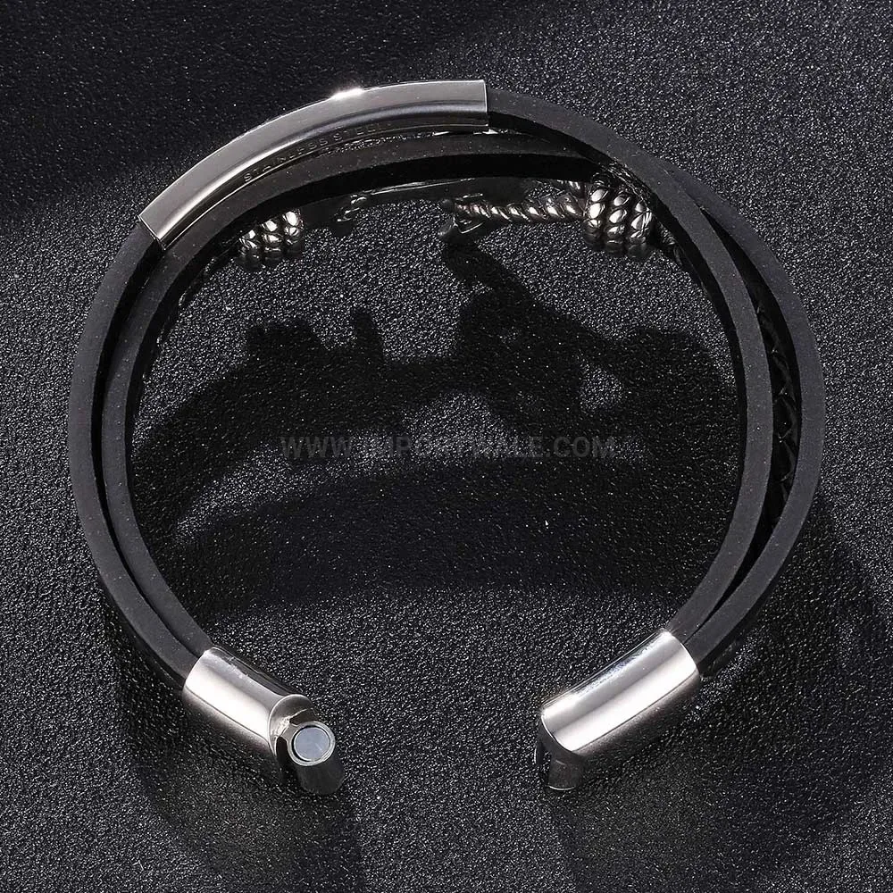 Braided Leather Anchor Stainless Steel Multi Strand Bracelet