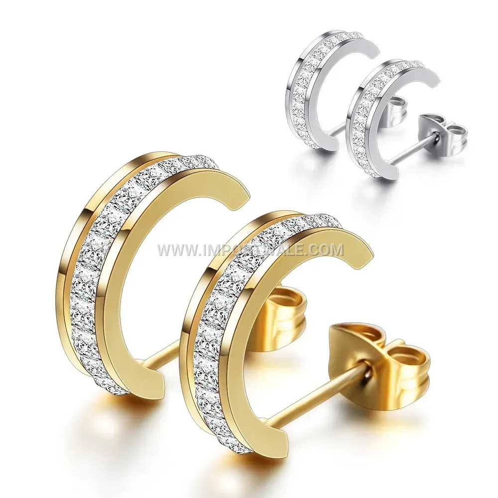 C-Shape Zirconia Accent Stainless Steel Stud Earrings