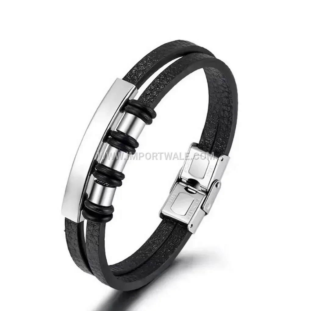 Double-Layer Beaded Woven Leather Clasp Bracelet for Men