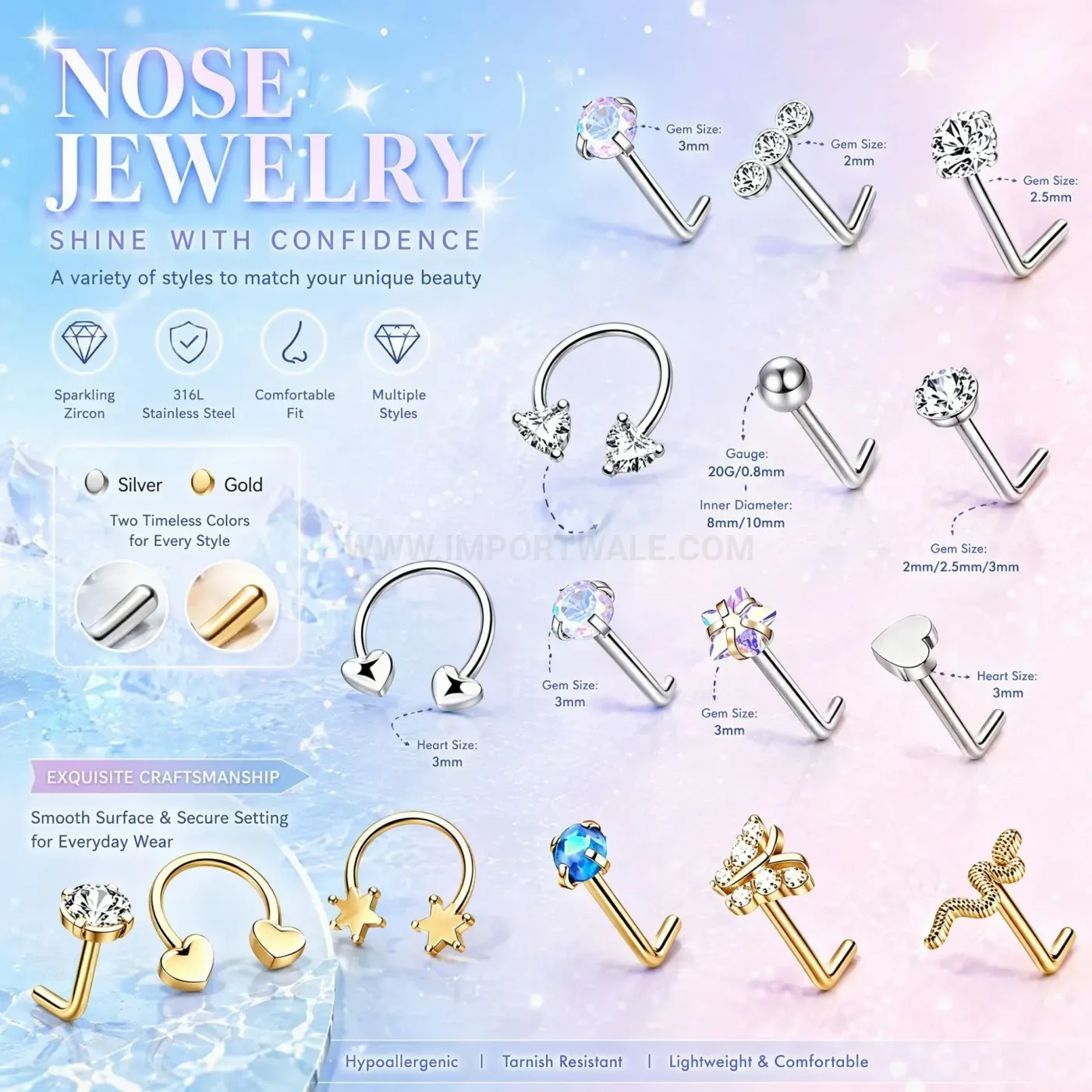 Fashion Rhinestone Curved Bar Stainless Steel Nose Piercing Set