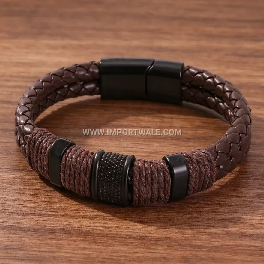 Double Strand Woven Stainless Steel Leather Magnetic Bracelet