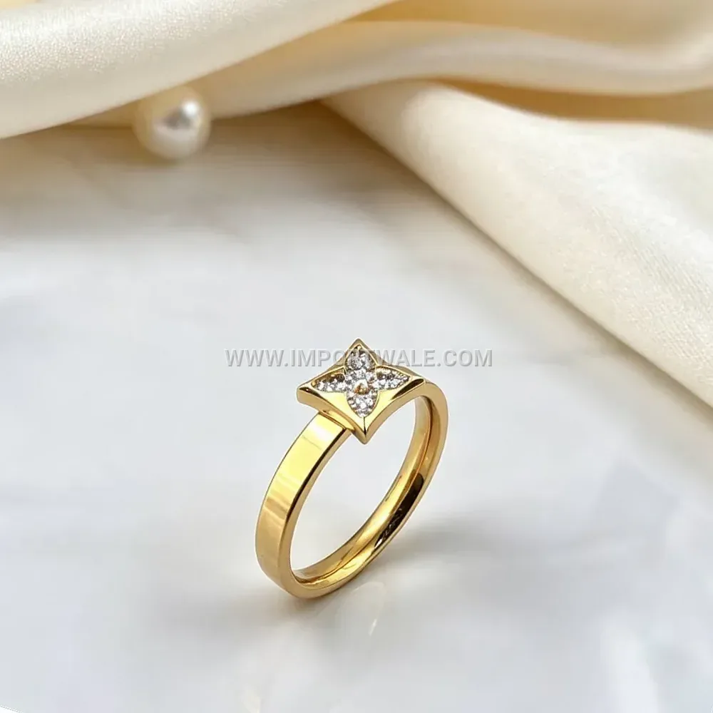 Hollow Four Leaf Clover Stainless Steel Zircon Ring