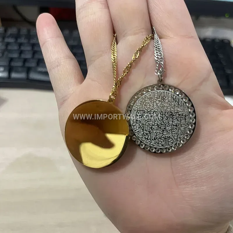 Crystal Border Arabic Calligraphy Stainless Steel Round Pendant Necklace