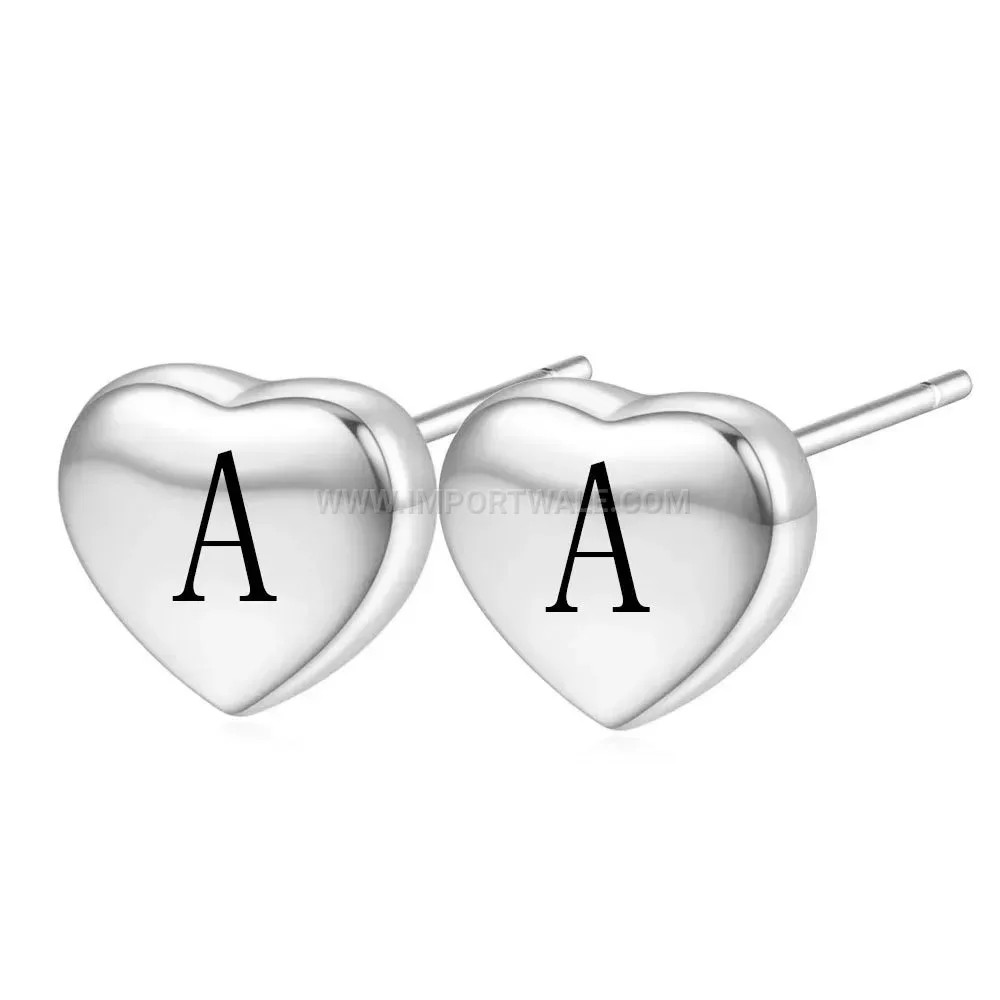 Sleek Engraved Initial Heart Stainless Steel Stud Earrings