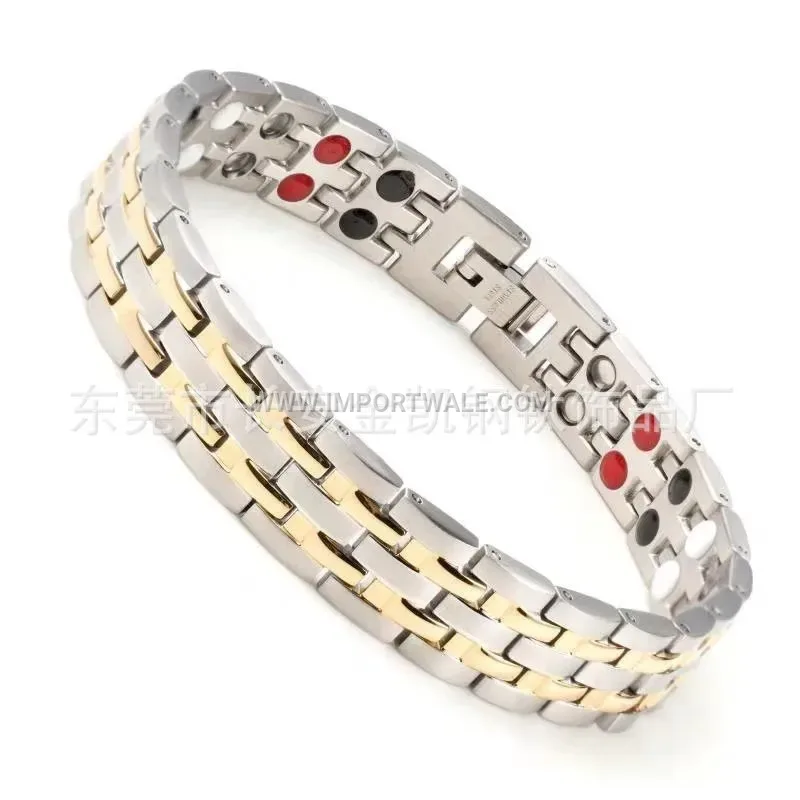 Dual Row Sandblasted Geometric Stainless Steel Magnetic Bracelet